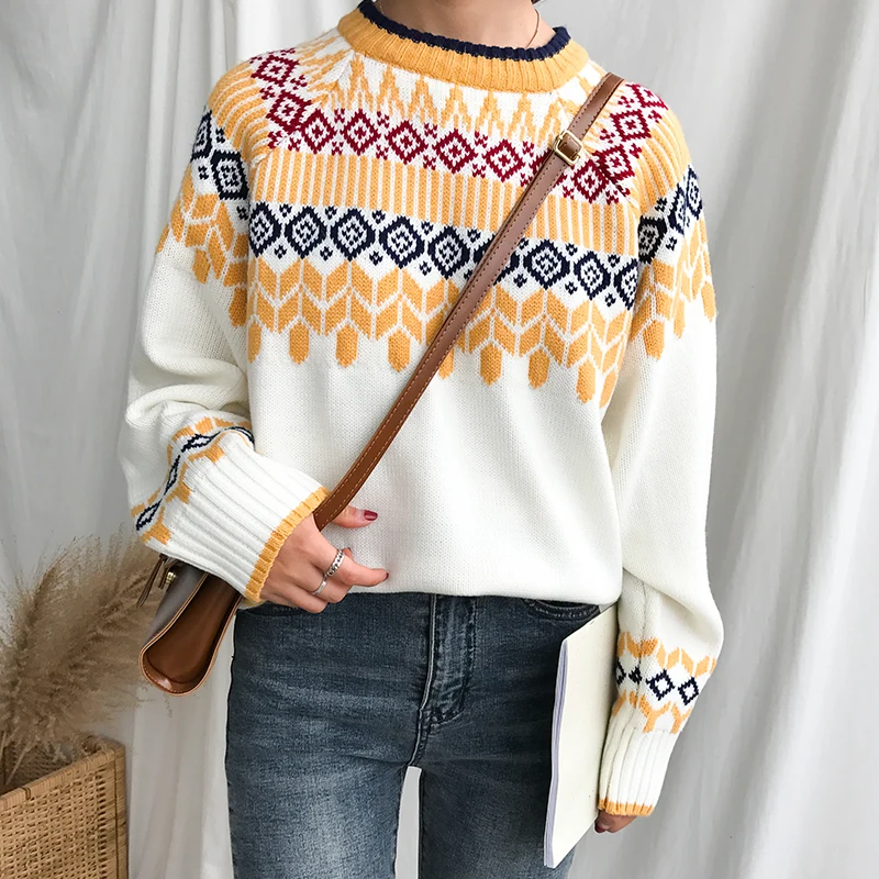 2 цвета 2017 осенние и зимние винтажные Круглая горловина свитеры с длинными