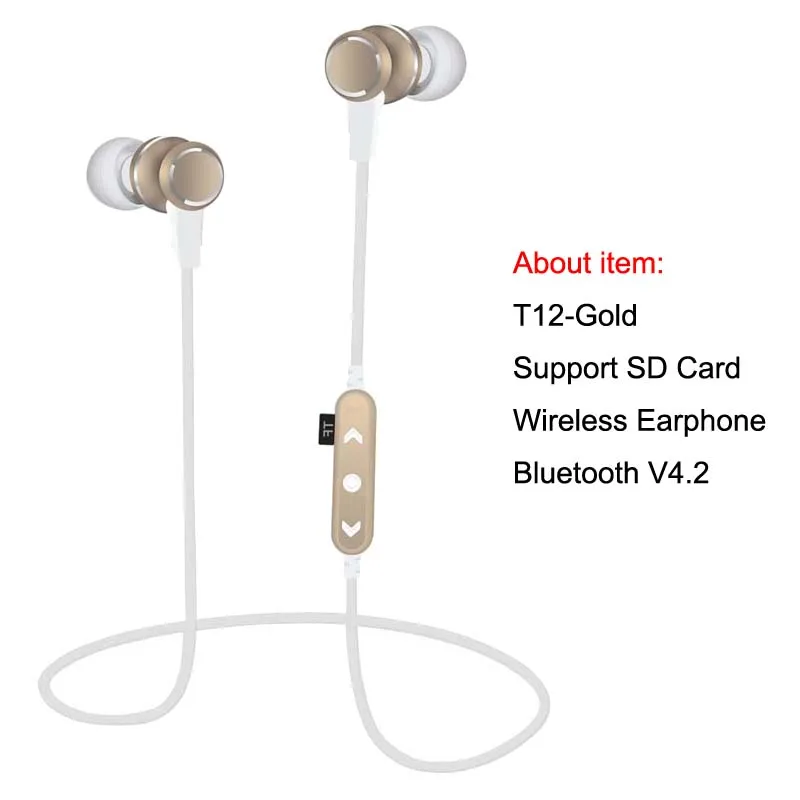 T12 Gold MPLSBO беспроводные наушники Bluetooth наушники стерео музыкальные наушники с микрофоном Поддержка SD карты шумоподавление металлическая гарнитура - Цвет: T12 Gold