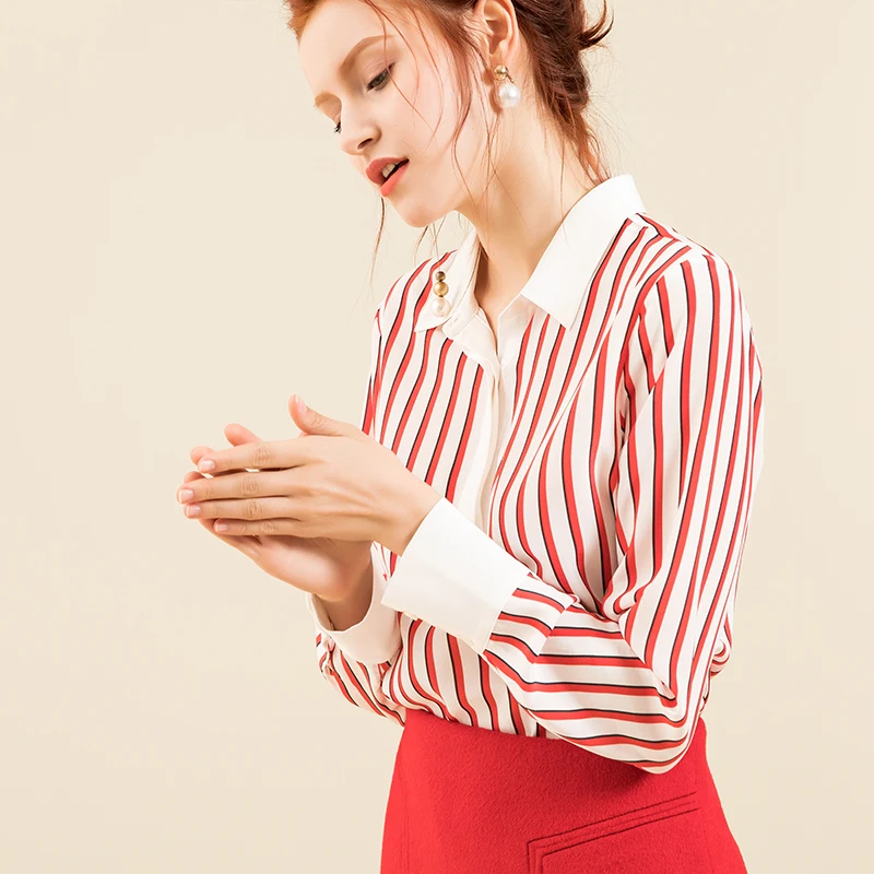 Женская блузка из 100% натурального шелка Офисная красная в полоску с длинными