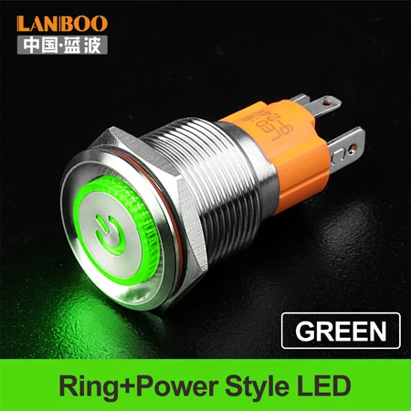 Lanboo 19 мм 10A высокого тока с плоской головкой 3 pin кнопочный переключатель с защитой от повреждений и кольцом led и символ - Цвет: Green LED Power