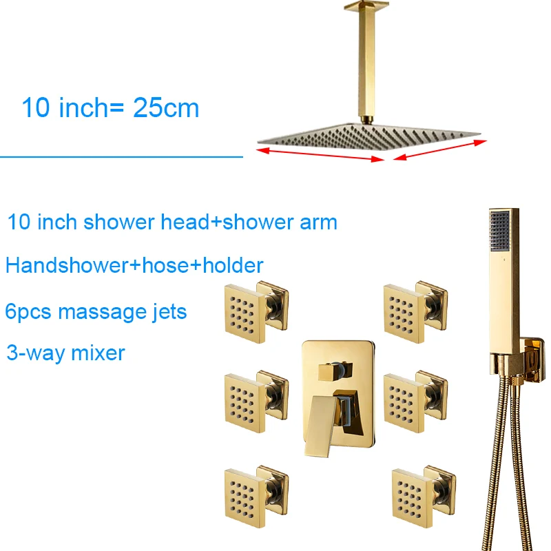 10 inch full set Quyanre Золотой смеситель для душа в золотом цвете ультратонкая Душевая насадка 6 шт. массаж спа душ струевой 3-сторонний выход смеситель для ванны золотой набор для душа - Цвет: 10 inch full set