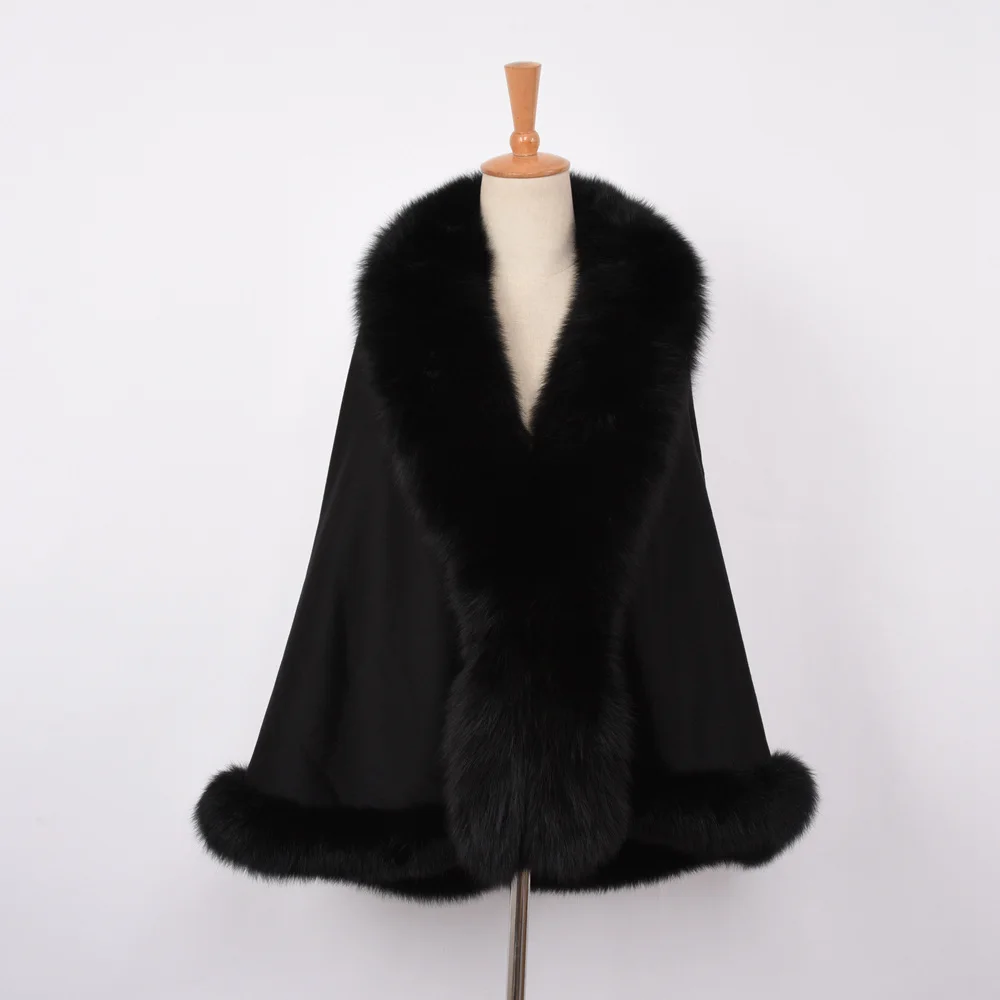 Black JKKFURS, женское пончо, натуральный Лисий мех, воротник, отделка и кашемировая накидка, шерсть, модный стиль, Осень-зима, теплое пальто, S7358 - Цвет: Black