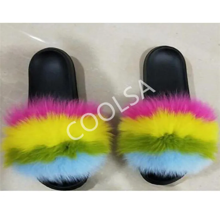 Women's Summer Fur Slippers Indoor Warm Fluffy Plush Home Shoes Woman Real Fox Hair Fur Slides Furry Sandals Female Flip Flops