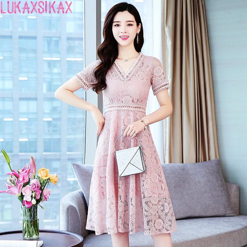 Корейский 2018 Новый Для женщин летнее платье Высокое качество розовый кружева
