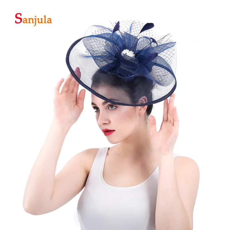 Большие тюлевые шапки темно синего цвета для женщин с перьями и бусинами