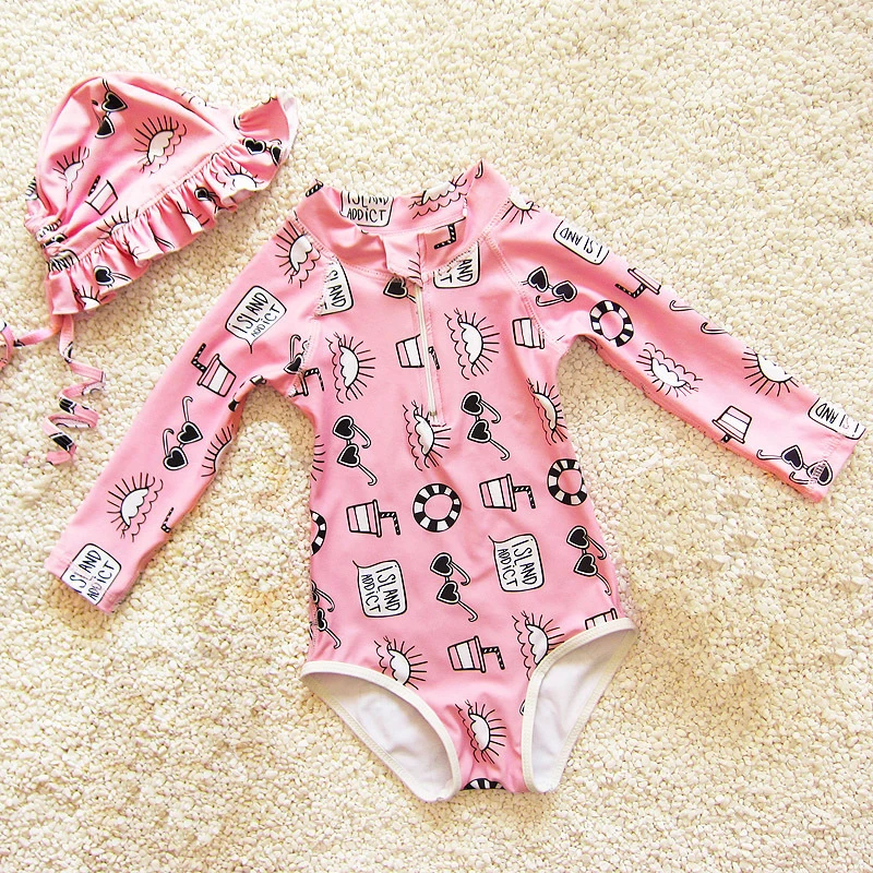 Dollplus/Одежда для купания для девочек; летний купальный костюм с длинными рукавами и принтом для девочек; комплект из 2 предметов; пляжная одежда с рисунком для маленьких девочек; одежда для купания для маленьких девочек