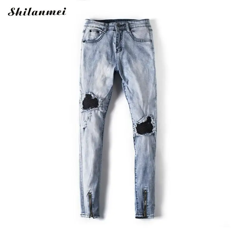 2018 Для мужчин джинсы Дизайн Slim Fit рваные байкерские Привет-улица s Distressed Denim Joggers