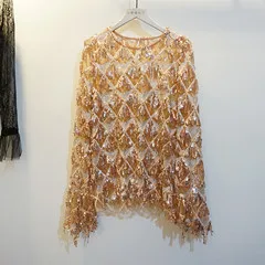 pink apricot Cakucool женские шикарные с блестками блузки рубашки с длинным Расклешенным рукавом сетки патч прозрачные сексуальные Blusa Bling бусины с кисточками рубашки пуловер - Цвет: pink apricot