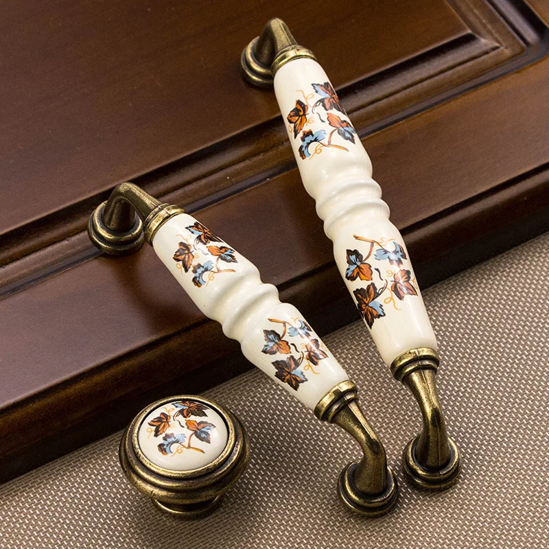 Винтажная сельская керамика дверь для ящика шкафа ручки зеленый/красные листья