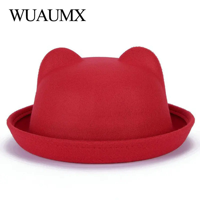 Wuaumx/Модные Винтажные осенне-зимние фетровые шляпы для женщин; фетровая верхняя шляпа для девочек; homberg; женская шапка с котом; шапки с ушками