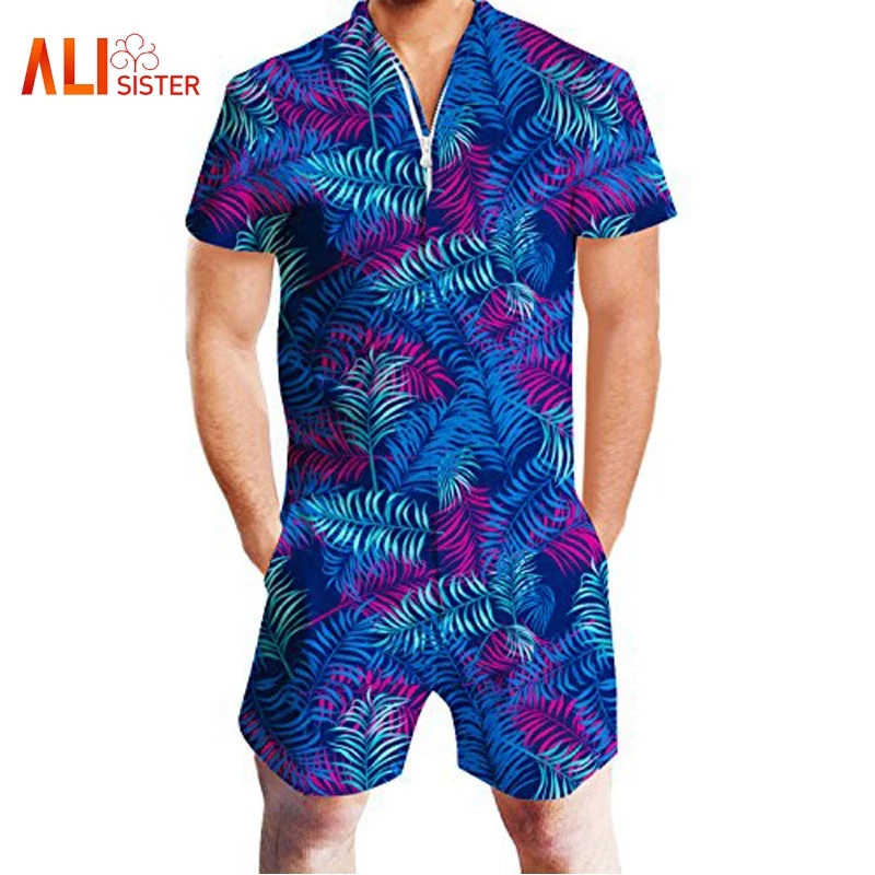 Модные мужские комбинезоны Bule Летний комбинезон на молнии с коротким рукавом 3d