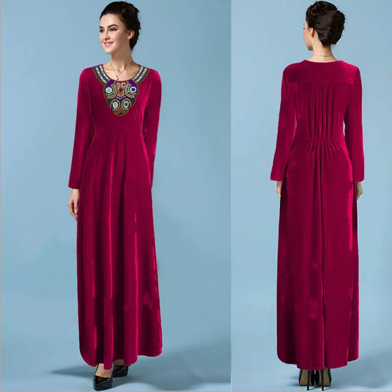 8 Цвета 2016 Зима Новый женский Длинное Платье Золото Бархат Вышитые С Длинными