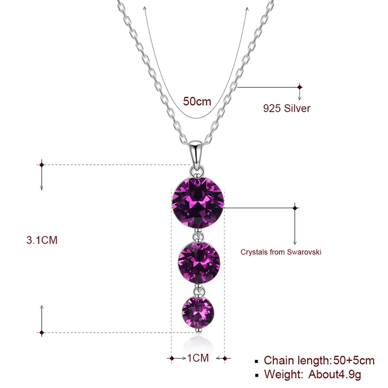Cute Round Genuine Crystals From Swarovski Pendant Necklace For Women 3 Drop Circle 925 Sterling Silver Chain Engagement Gifts | Украшения