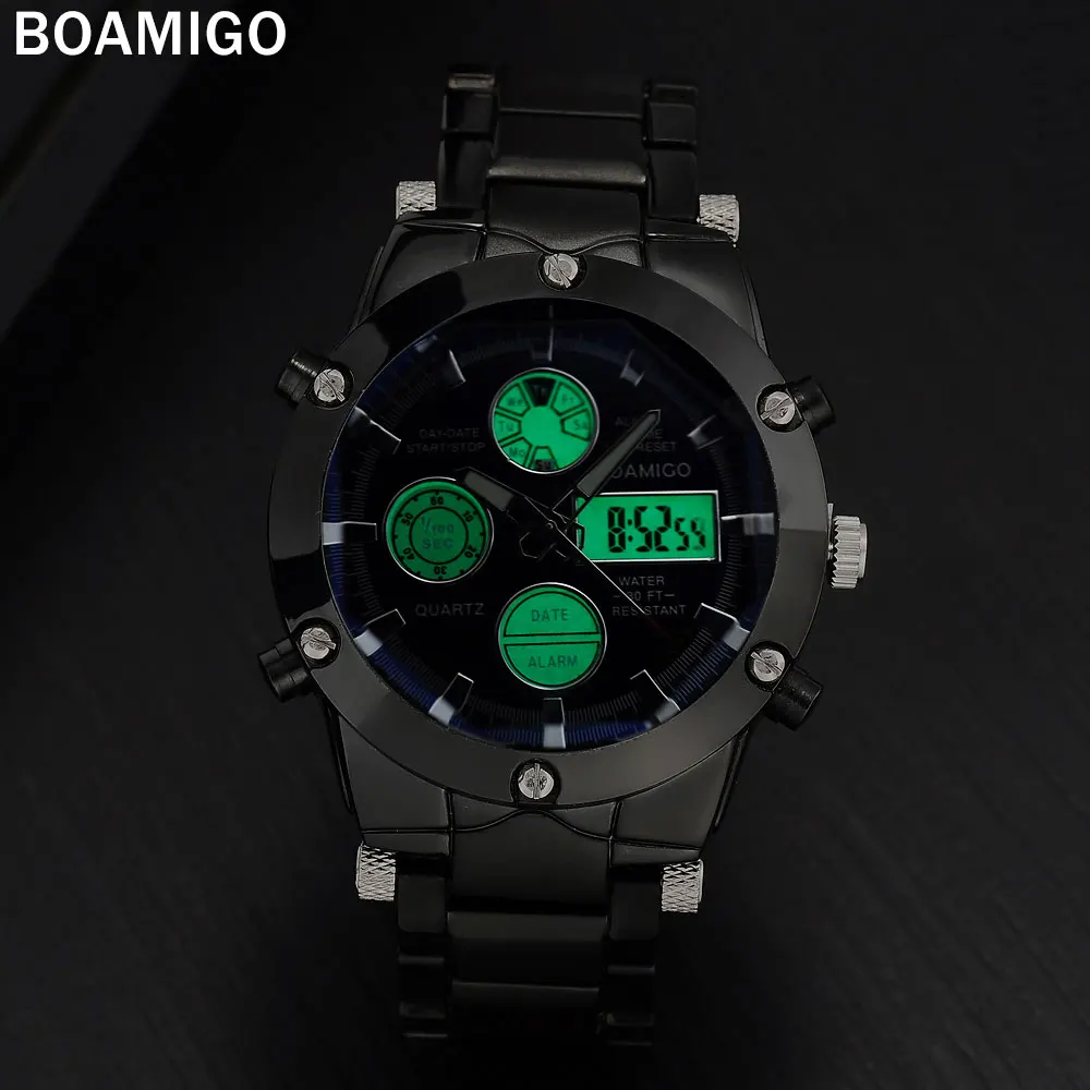 Мужские спортивные часы BOAMIGO мужские стальные черный браслет светодиодные