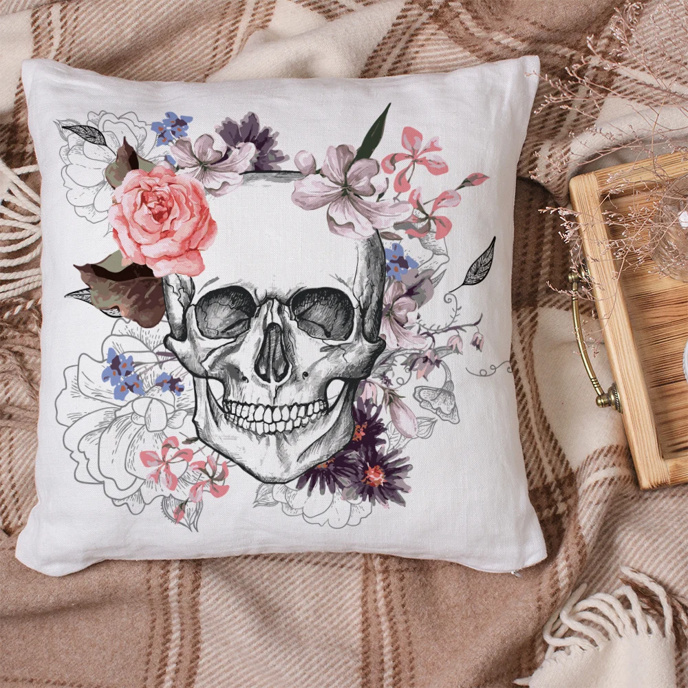

Pink Rose Sugar Skull Cushion Cover White Black Living Room Decorative Pillow Case Halloween Throw Pillows Cover Sofa Seat D15