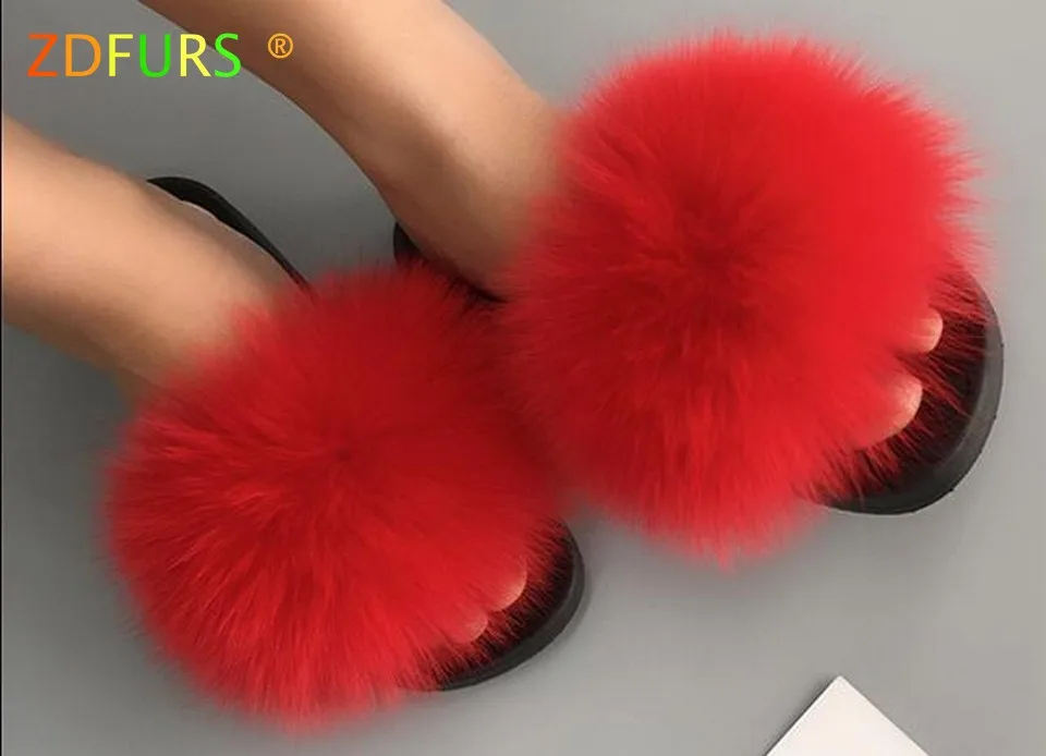ZDFURS/; модные шлепанцы с лисьим мехом; шлепанцы без задника с натуральным мехом; Летние вьетнамки; повседневные Модные босоножки с лисьим мехом; модная плюшевая обувь;