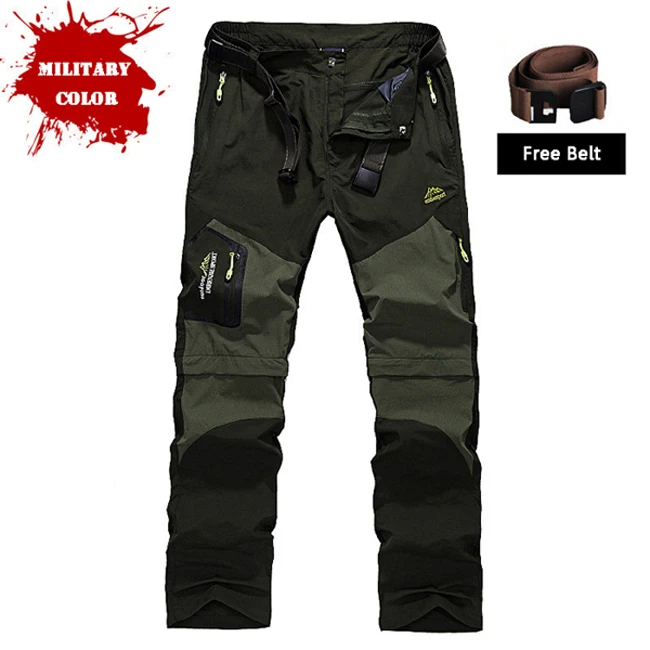 ArmyGreen Мужские треккинговые брюки для улицы, быстросохнущие дышащие походные брюки, съемные шорты, походные треккинговые охотничьи брюки для рыбалки, бесплатный ремень - Цвет: ArmyGreen
