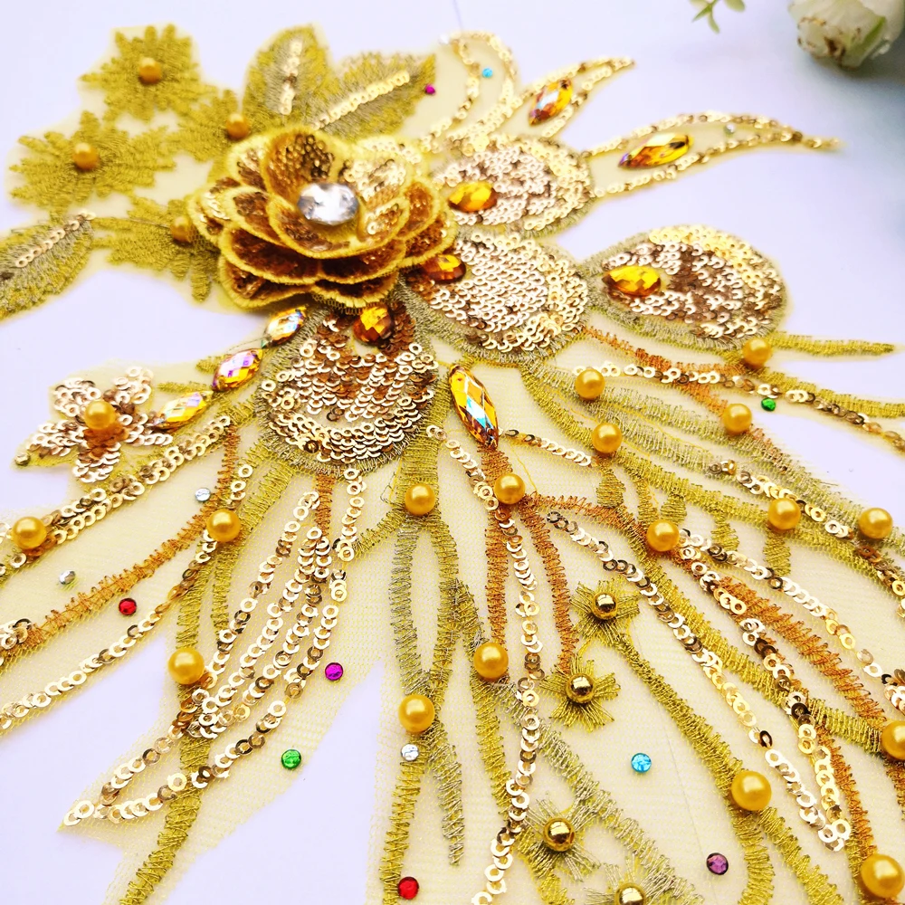 3D желтые кружевные нашивки аппликации из бисера стразы кристаллы 26x40 см