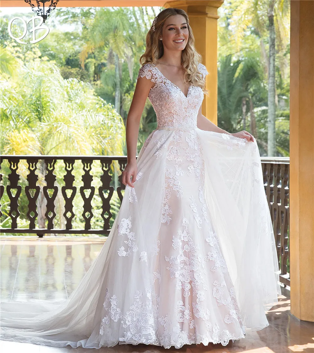 

Vestido de Noiva 2019 New Wedding Dresses A-neck V-neck Lace Beaded Appliques Long Formal Elegant Wedding Gowns SF02