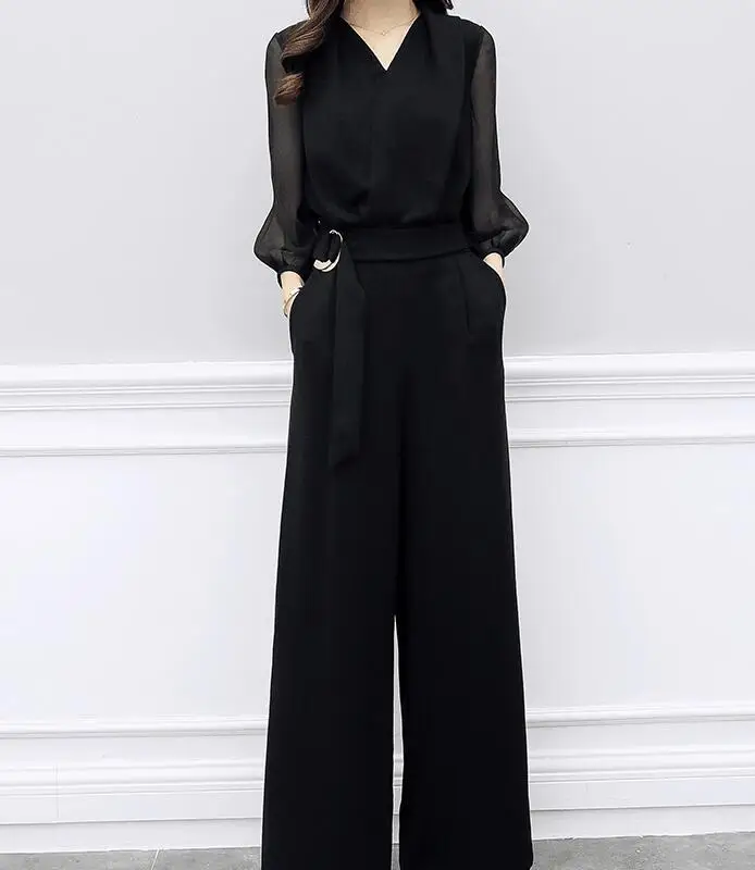 Шифоновые Элегантные сиамские брюки с поясом и высокой талией широкие