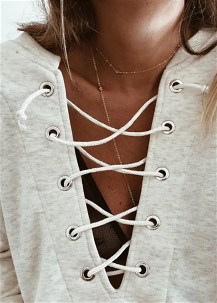 Футболка женская новинка 2019 на шнуровке однотонная весенне осенняя модная