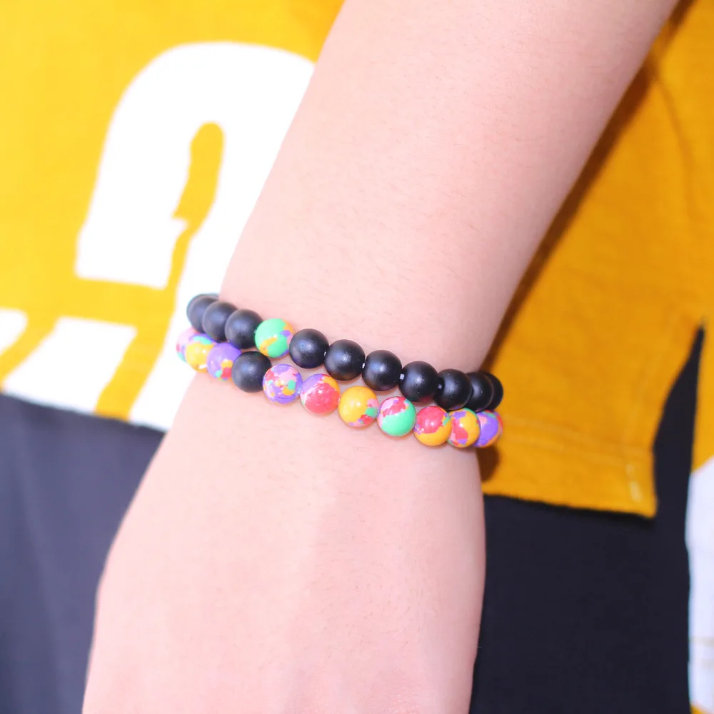 Браслет с разноцветными бусинами для мужчин и женщин матовые черные