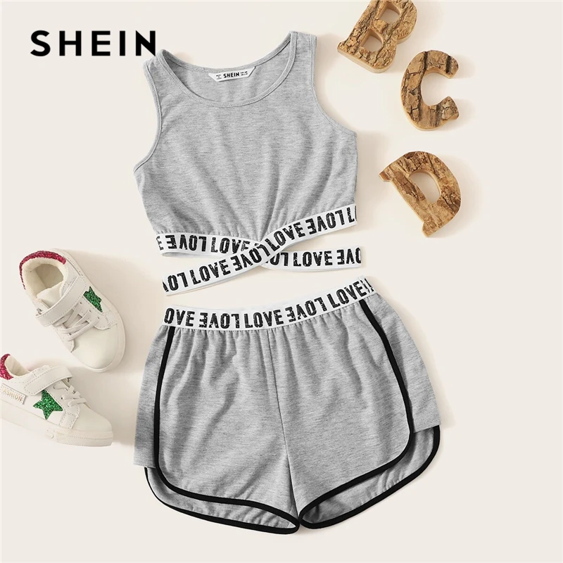 SHEIN/детский комплект одежды для девочек, топ с надписью и перекрещивающимися кромками и шорты с дельфинами, г. Летняя одежда без рукавов для активного отдыха комплект с вырезами