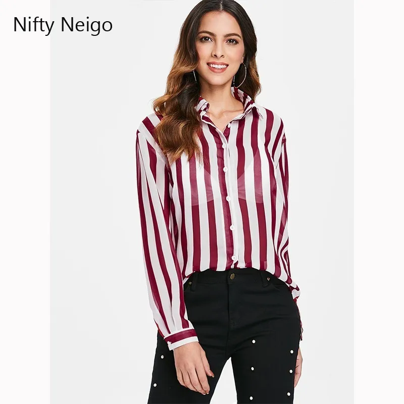 Nifty Neogo Офисная Женская рубашка в полоску полупрозрачная блузка с отложным