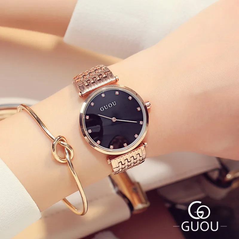 Женские кварцевые часы Простой Тонкий браслет со стразами розовое золото |