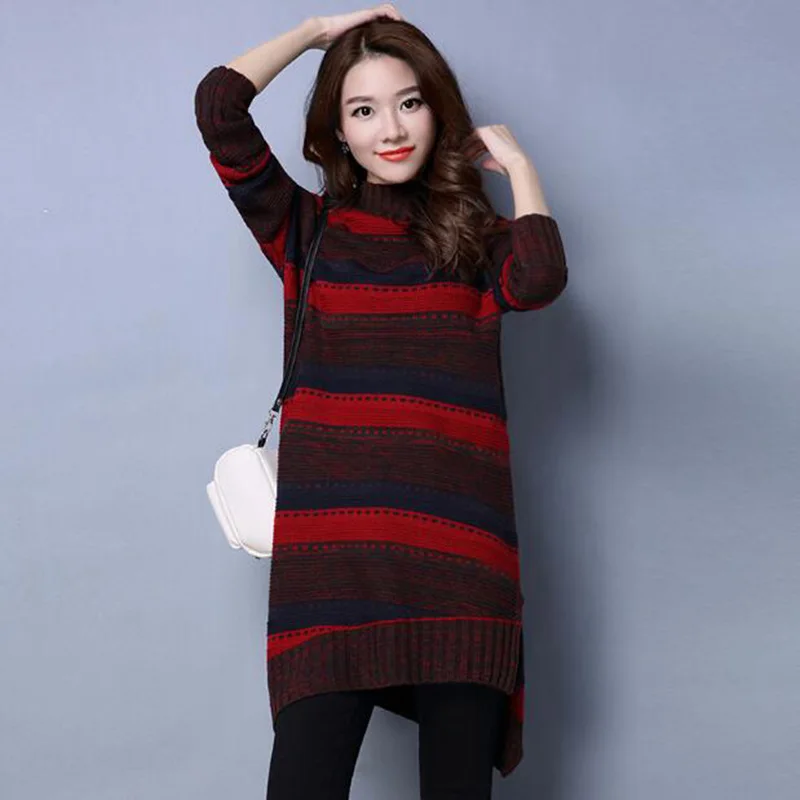 2018 Women's Autumn Winter New Loose Knit High Collar Wild Long Sweaters Straight Striped Work Appointments Dating A299 | Женская
