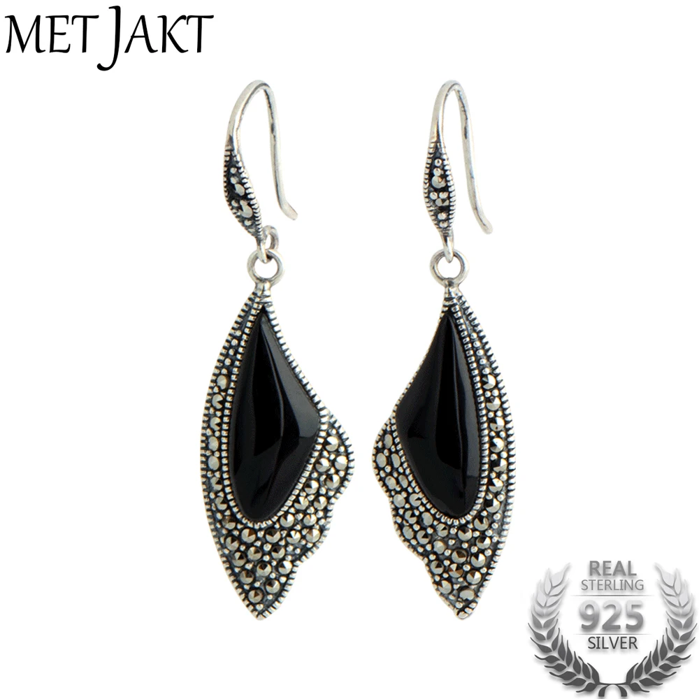 

MetJakt Vintage Natural Agate/White Cat's Eye Butterfly Wing Drop Earrings Solid 925 Sterling Silver Earring for Women Jewelry