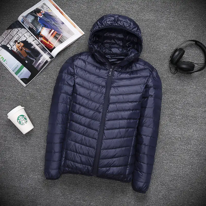 Hooded navy Осень зима мужской легкий тонкий пуховик с капюшоном стоячий воротник пальто на молнии мужской сплошной цвет большой размер верхняя одежда 5XL - Цвет: Hooded navy
