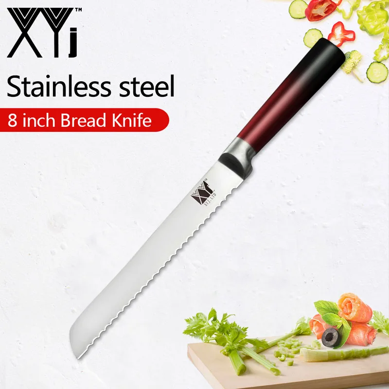 8inch Bread Knife XYj набор кухонных ножей из нержавеющей стали с красной и черной ручкой того же цвета, 8 дюймов, подставка для ножей, точилка для ножей, кухонный набор для приготовления пищи - Цвет: 8inch Bread Knife