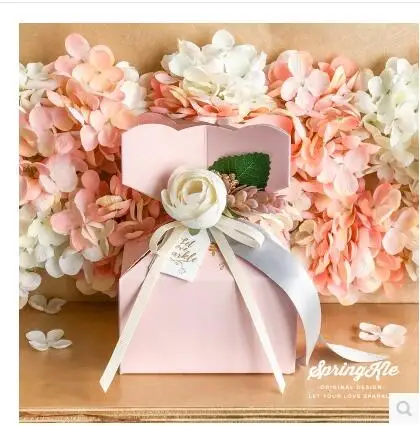 

2017 New Arrival Pink Candy Box For Wedding Party Decoration Casamento Decor Gift Boxes With Flower Ribbon Decor Favors Gifts