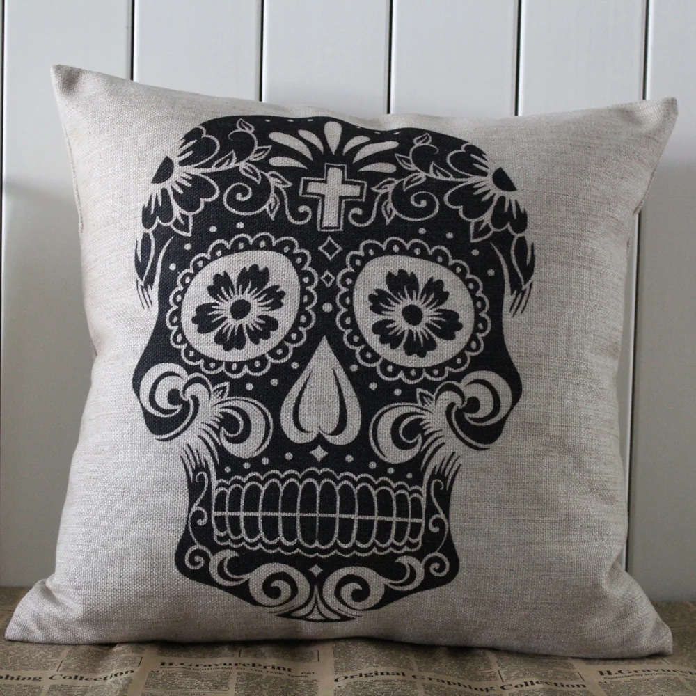 

LINKWELL 45*45cm Happy Halloween Day Sugar Skull Square Cushion Cover Linen Pillowcase Mexican Day of the Dead