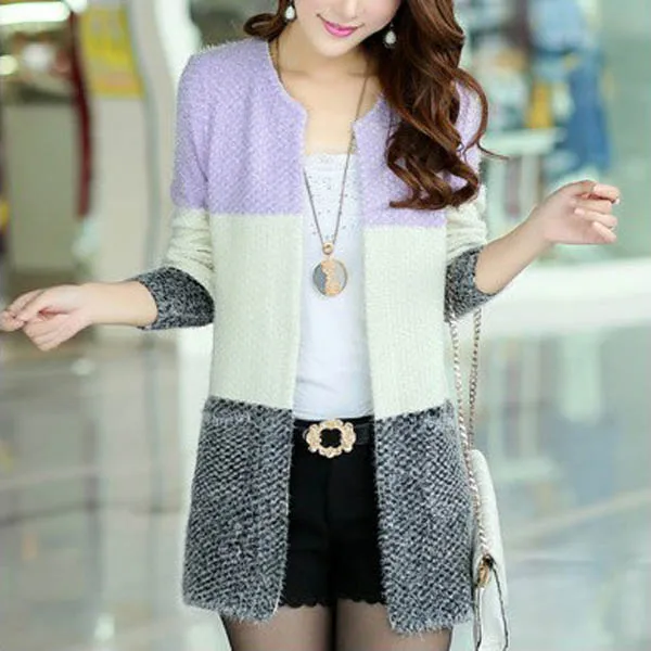 Женский мохеровый длинный кардиган с круглым вырезом и длинным рукавом| |