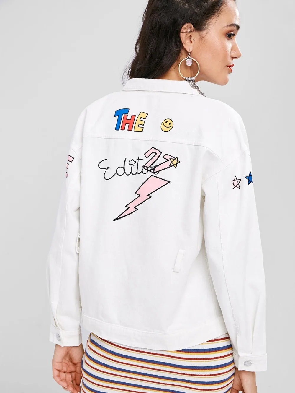 Модные принты передний карман Graphic Denim Jacket для Для женщин графический из
