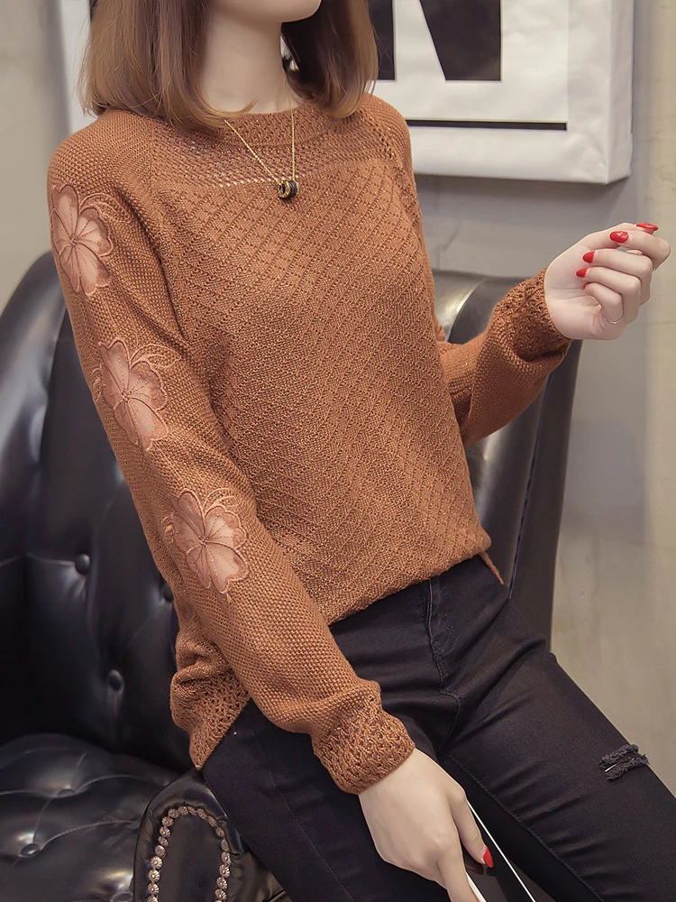248746 New Korean Version Loose Ice Silk Fairy Hollow Knitted Shirt Round-necked Lace Bottom Female Slim Spring Garment ff | Женская