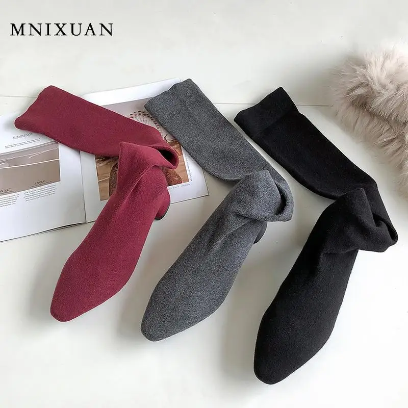Женские сапоги на высоком каблуке MNIXUAN новинка 2019 вязаные черные длинные выше