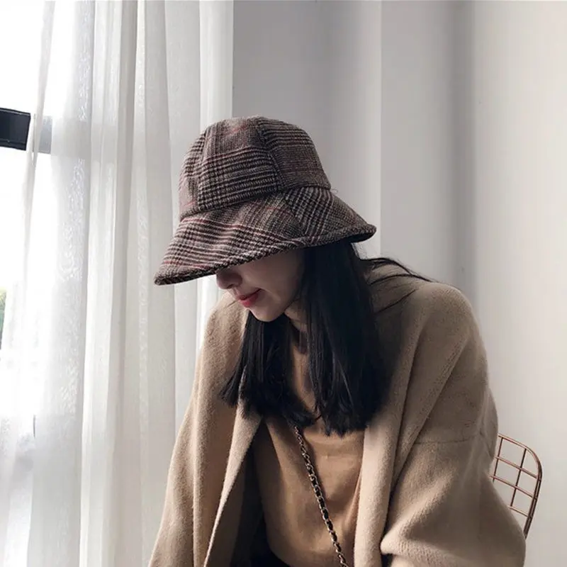 Зимняя теплая Складная Панама с рисунком &quotгусиная лапка&quot для женщин широкими