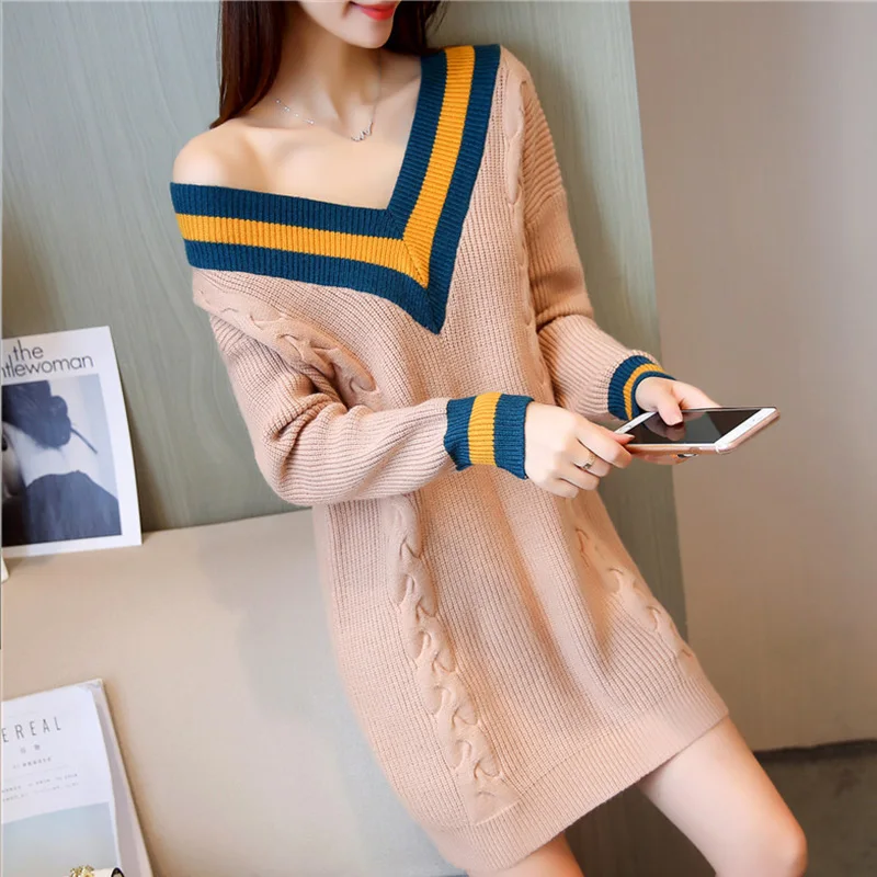 Женское вязаное платье с v-образным вырезом свободное прямое облегающее широкими