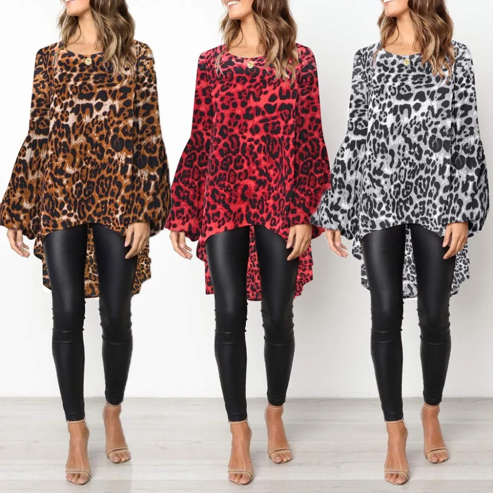 Женская футболка с круглым вырезом длинным рукавом фонариком и леопардовым