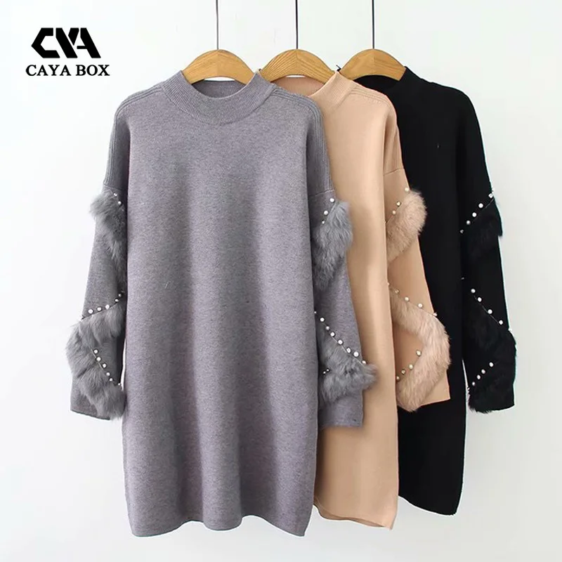2018 зимний длинный свитер с жемчужным кроличьим мехом женское платье пуловер