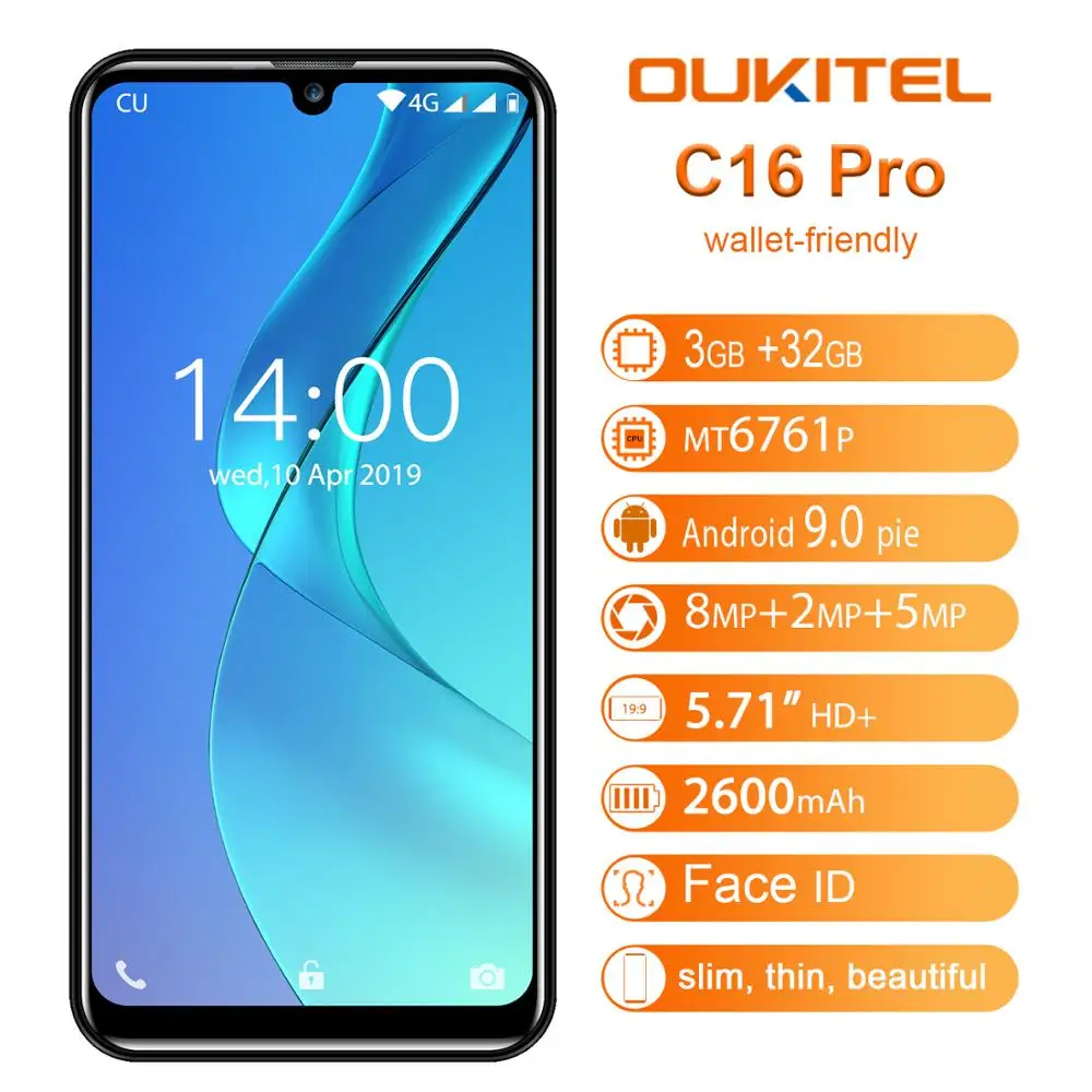 OUKITEL C16 Pro 5 71 дюймовый 19:9 Смартфон Android 9 0 четырехъядерный 3 ГБ 32 мобильный телефон