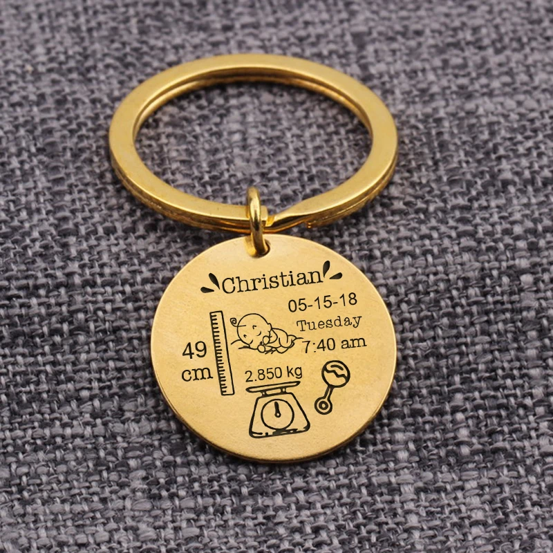 Детские статы вес Длина пользовательское имя Забавный Милый папа мама Keepsake ребенка рождения круглый брелок ювелирные изделия подарок в честь гравировки