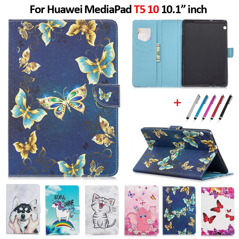 Милый Кот Единорог щенок бабочка чехол для планшета для Funda huawei MediaPad T5 10 AGS2-W09/L09/L03 10,1 дюймов планшет чехол+ подарок - Цвет: Random