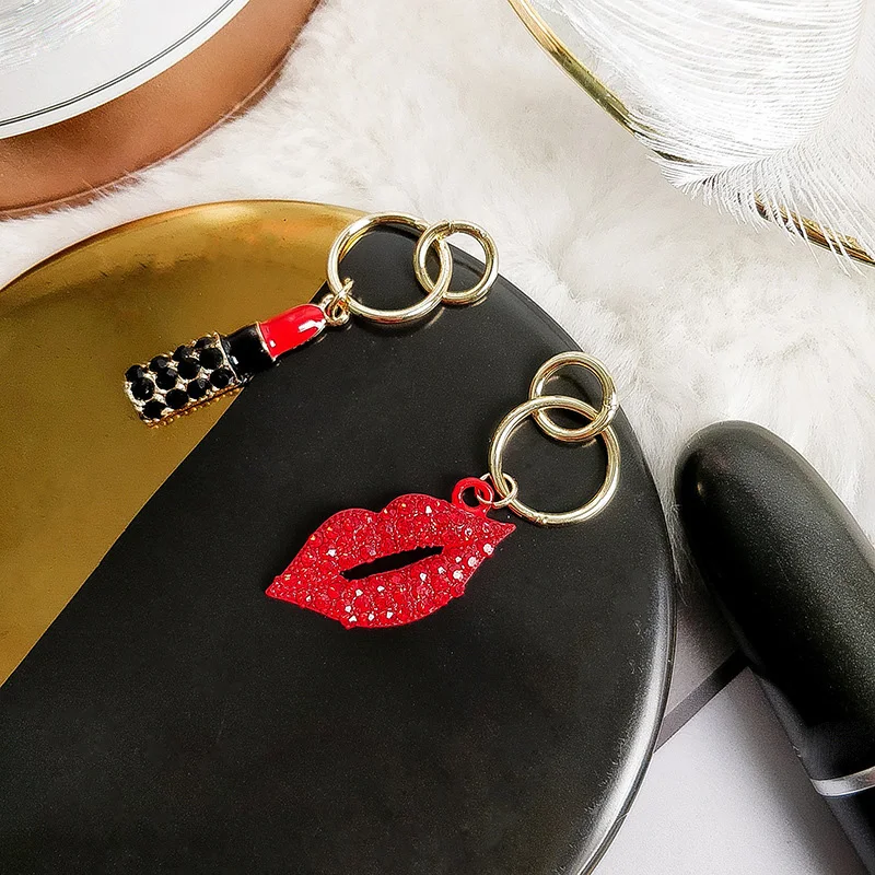 Fashion Asymmetric Sexy Red Lip Earrings Rhinestones Mouth Lipstick Gold s925 Needle Luxury Women Tassel Long Korean Jewelry J34