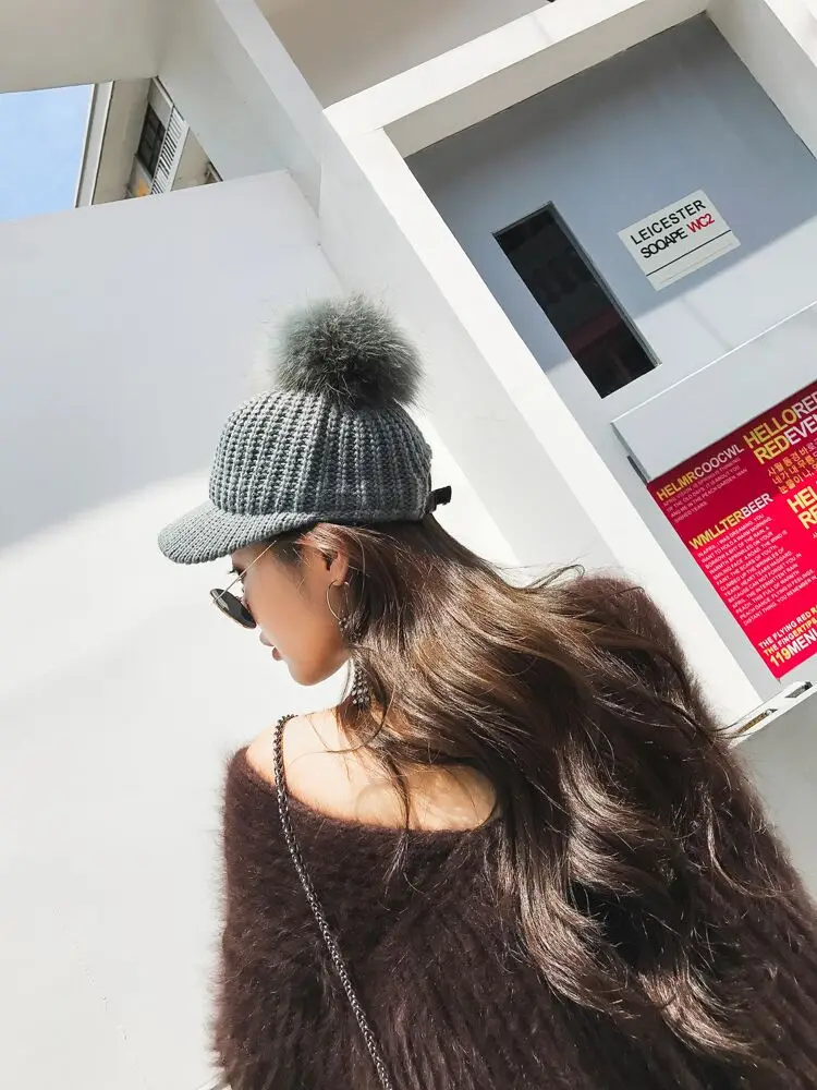 Fashion Big Hairball Baseball Caps for Women and Girl Autumn Winter Warm Knitted Hairy Hats Adjustable Wool Snapback Cap