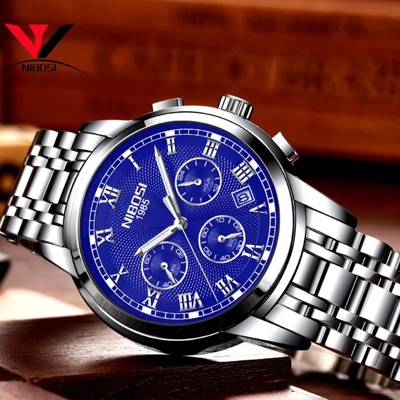 NIBOSI часы мужские полностью стальные синие классические кварцевые с хронографом