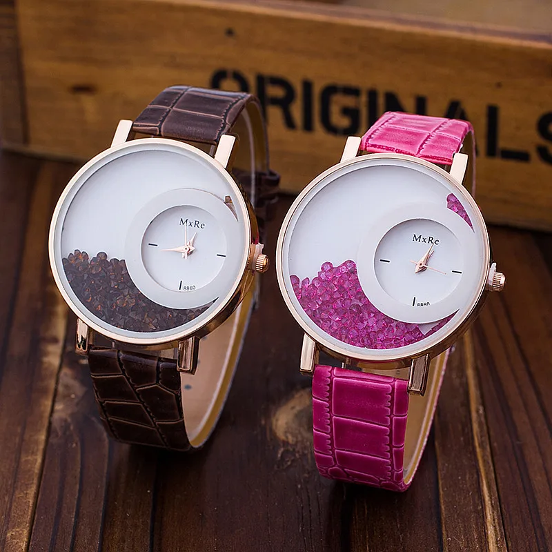 Новинка модные женские наручные часы с кожаным ремешком со стразами